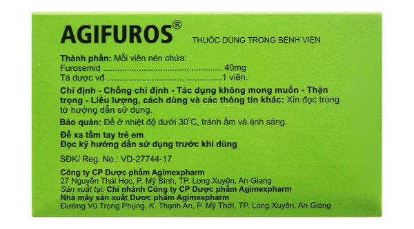 Agifuros 40mg trị tăng huyết áp, tăng canxi huyết, trị phù (10 vỉ x 25 viên)