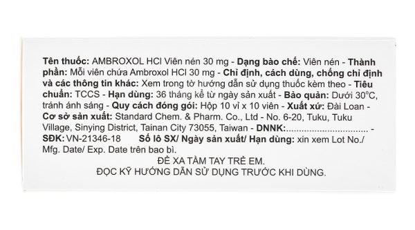Ambroxol HCl Tablets 30mg long đờm, tiêu nhầy, trị bệnh đường hô hấp (10 vỉ x 10 viên)