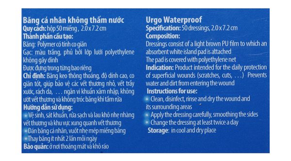 Băng cá nhân không thấm nước Urgo Waterproof (2 x 7.2cm) hộp 50 miếng