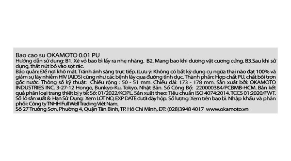 Bao cao su Okamoto 0.01 PU siêu mỏng hộp 2 cái
