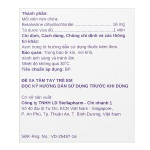 Betahistine Stella 16mg điều trị hội chứng Meniere, chóng mặt, ù tai (10 vỉ x 10 viên)