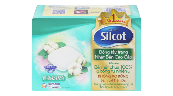 Bông tẩy trang Unicharm Silcot cao cấp mềm xốp, êm ái hộp 66 miếng
