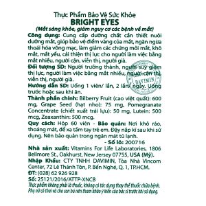 Bright Eyes bảo vệ điểm vàng, ngừa thoái hóa mắt hộp 60 viên