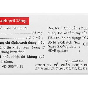 Captopril TV.Pharm 25mg trị tăng huyết áp, suy tim sung huyết (10 vỉ x 10 viên)