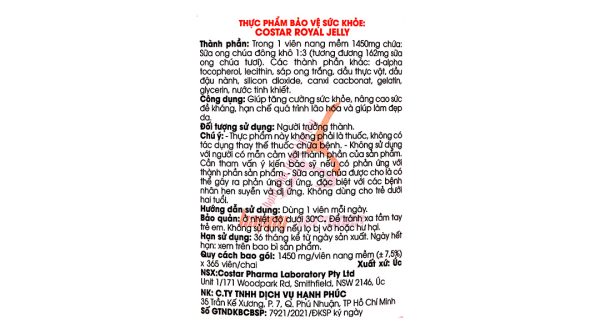 Sữa ong chúa Costar Royal Jelly giúp nâng cao sức đề kháng, làm đẹp da lọ 365 viên