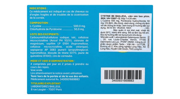 Cystine B6 Bailleul trị bệnh lý liên quan đến tóc, móng (1 vỉ x 20 viên)