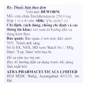 Deworm 250mg trị sán lá gan, lá phổi (1 vỉ x 4 viên)