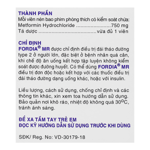 Fordia MR 750mg điều trị tiểu đường type 2 đơn độc hoặc kết hợp (6 vỉ x 10 viên)