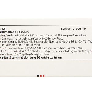 Glucophage 850mg trị đái tháo đường tuýp 2 (5 vỉ x 20 viên)