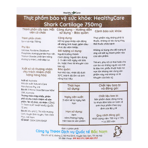 Sụn vi cá mâp Healthy Care Shark Cartilage 750mg hỗ trợ khớp lọ 200 viên