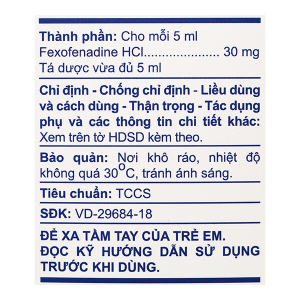 Hỗn dịch uống A.T Fexofenadin 30mg/5ml trị viêm mũi dị ứng, mày đay (30 gói x 5ml)