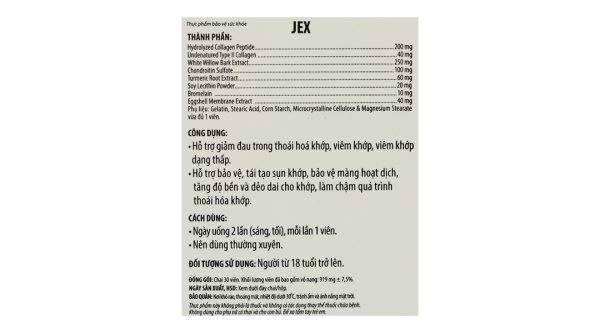 Ecogreen JEX Natural Joint Pain Relief bảo vệ, tái tạo sụn khớp chai 30 viên