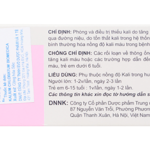 Kalium Chloratum 500mg phòng và trị thiếu kali (10 vỉ x 10 viên)