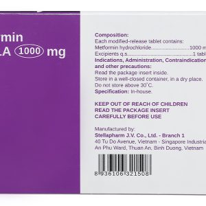 Metformin Stella 1000mg trị đái tháo đường tuýp 2 (6 vỉ x 10 viên)