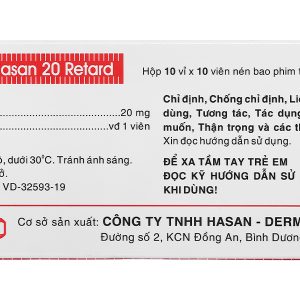 Nifedipin Hasan 20 Retard trị tăng huyết áp, đau thắt ngực (10 vỉ x 10 viên)