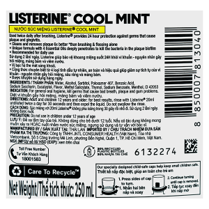 Nước súc miệng Listerine Cool Mint hơi thở thơm mát chai 250ml