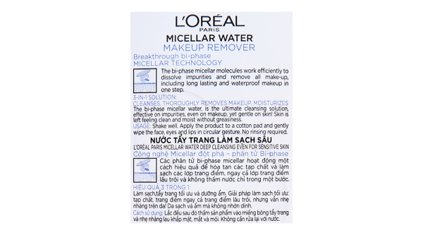 Nước tẩy trang L'Oréal Micellar Water 3 in 1 làm sạch sâu cho da trang điểm chai 400ml