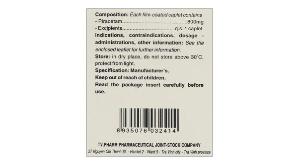 Piracetam TV.Pharm 800mg điều trị triệu chứng chóng mặt (6 vỉ x 10 viên)