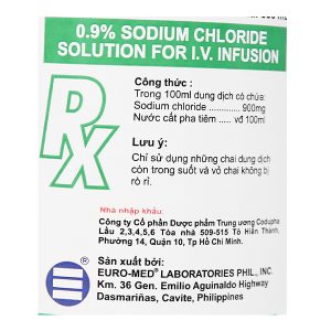 Dịch truyền 0.9% Sodium Chloride Solution Euro-Med bổ sung muối, nước chai 500ml