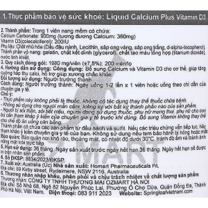SpringLeaf Liquid Calcium Plus Vitamin D3 bổ sung canxi, vitamin D3 lọ 200 viên