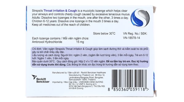Viên ngậm Strepsils Throat Irritation & Cough 15mg sát khuẩn, tan đàm (2 vỉ x 12 viên)