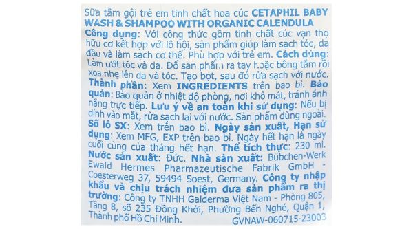 Sữa tắm gội Cetaphil Baby Wash & Shampoo Calendula chăm sóc da cho bé chai 230ml