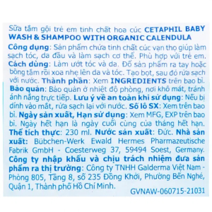 Sữa tắm gội Cetaphil Baby Wash & Shampoo Calendula chăm sóc da cho bé chai 230ml