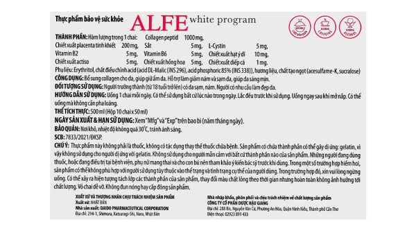 Nước uống Collagen Alfe White Program hỗ trợ giảm nám và sạm da hộp 10 chai x 50ml