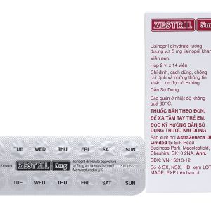 Zestril 5mg trị tăng huyết áp, suy tim (2 vỉ x 14 viên)