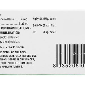 Clorpheniramin 4 DHG Pharma trị viêm mũi dị ứng, mày đay (10 vỉ x 20 viên)