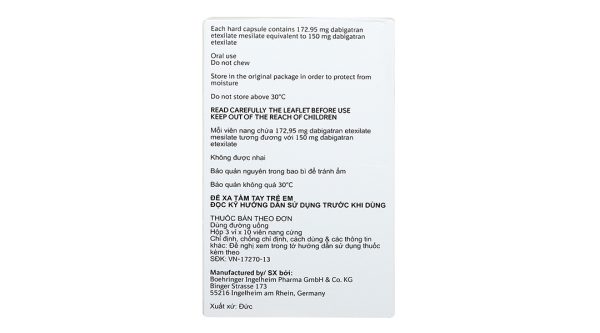 Pradaxa 150mg phòng ngừa tai biến, đột quỵ (3 vỉ x 10 viên)