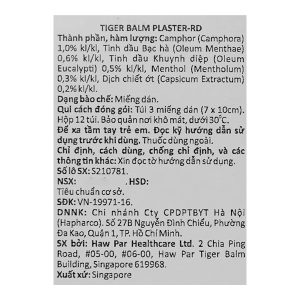 Miếng dán Tiger Balm Plaster - RD (7cm x 10cm) giảm đau cơ, bong gân gói 3 miếng
