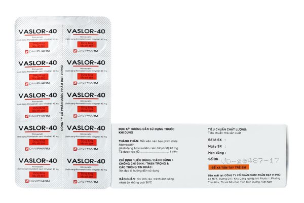 Vaslor-40 trị rối loạn mỡ máu (6 vỉ x 10 viên)