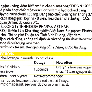 Viên ngậm kháng viêm Difflam vị chanh, mật ong giảm đau họng (1 vỉ x 8 viên)