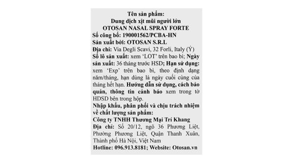 Dung dịch xịt mũi Otosan Nasal Spray Forte hỗ trợ giảm viêm mũi, viêm xoang lọ 30ml